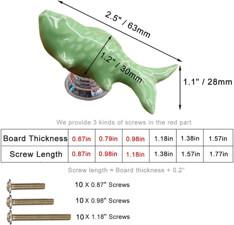 ESreake 5Pcs Fish Shape Ceramic Kids Drawer Knobs, Cute Cartoon Animal Cabinet knobs with 3 Kinds of Screws,Candy Color Baby Boys Girls Knobs Handles Pulls for Drawer Dresser Bookcase (5, Fish-Green) - Image 2